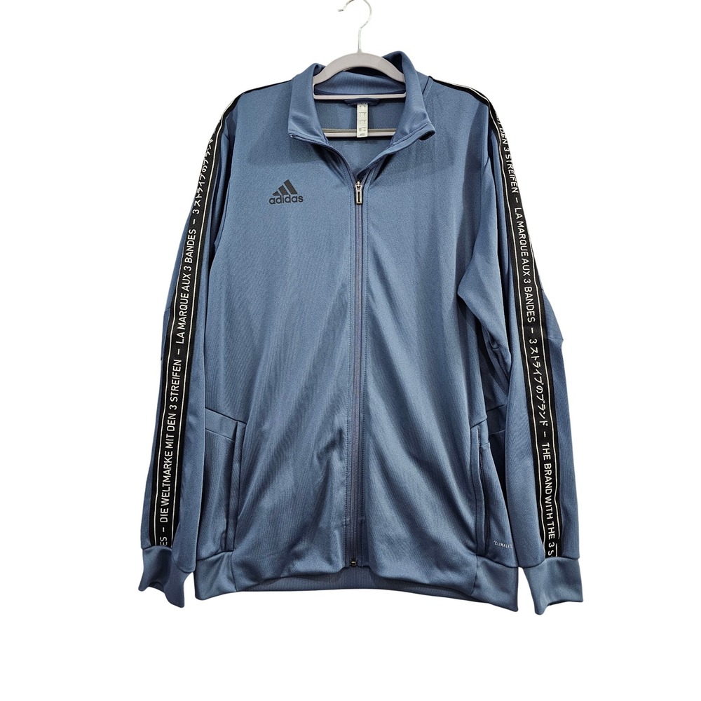 Adidas Track Jacket Mens Lg L Blue Climalite Full Zip Branded Tape Logo Athletic